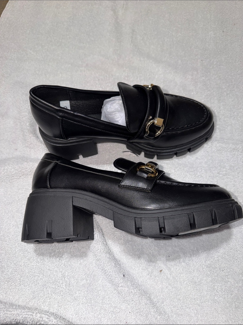 Black Chunky Heel Loafer with Gold Bit